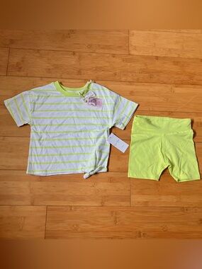NWT Girls Size 3T Outfit - Neon Lime Striped Tee with Neon Line Bike Shorts Set